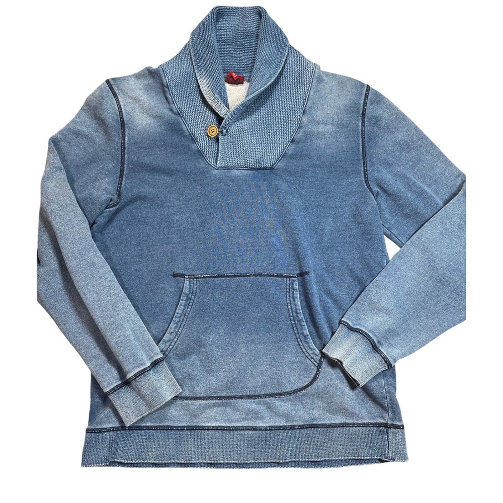 Mens 100% Cotton Blue Denim Wash Shawl Collar Sweatshirt Pullover Pocket Button